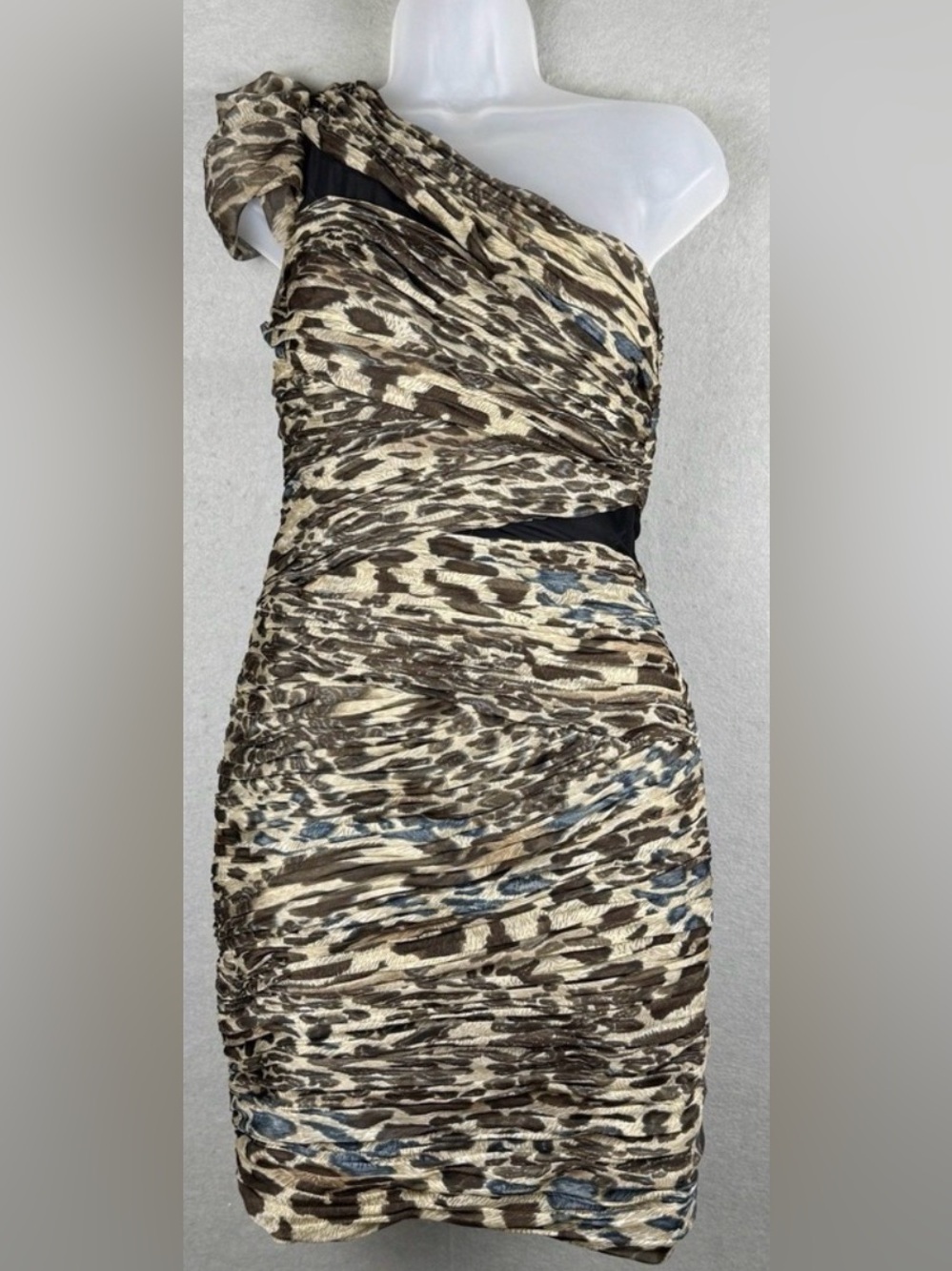 Cache One-Shoulder Ruched Animal Print Dress in Brown and Cream